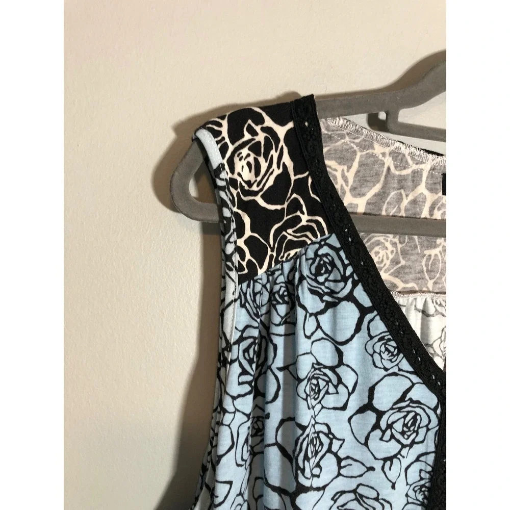 Suzanne Betro Floral Sleeveless Top Women 4X Blue Black Crochet Lace Ruffle Hem